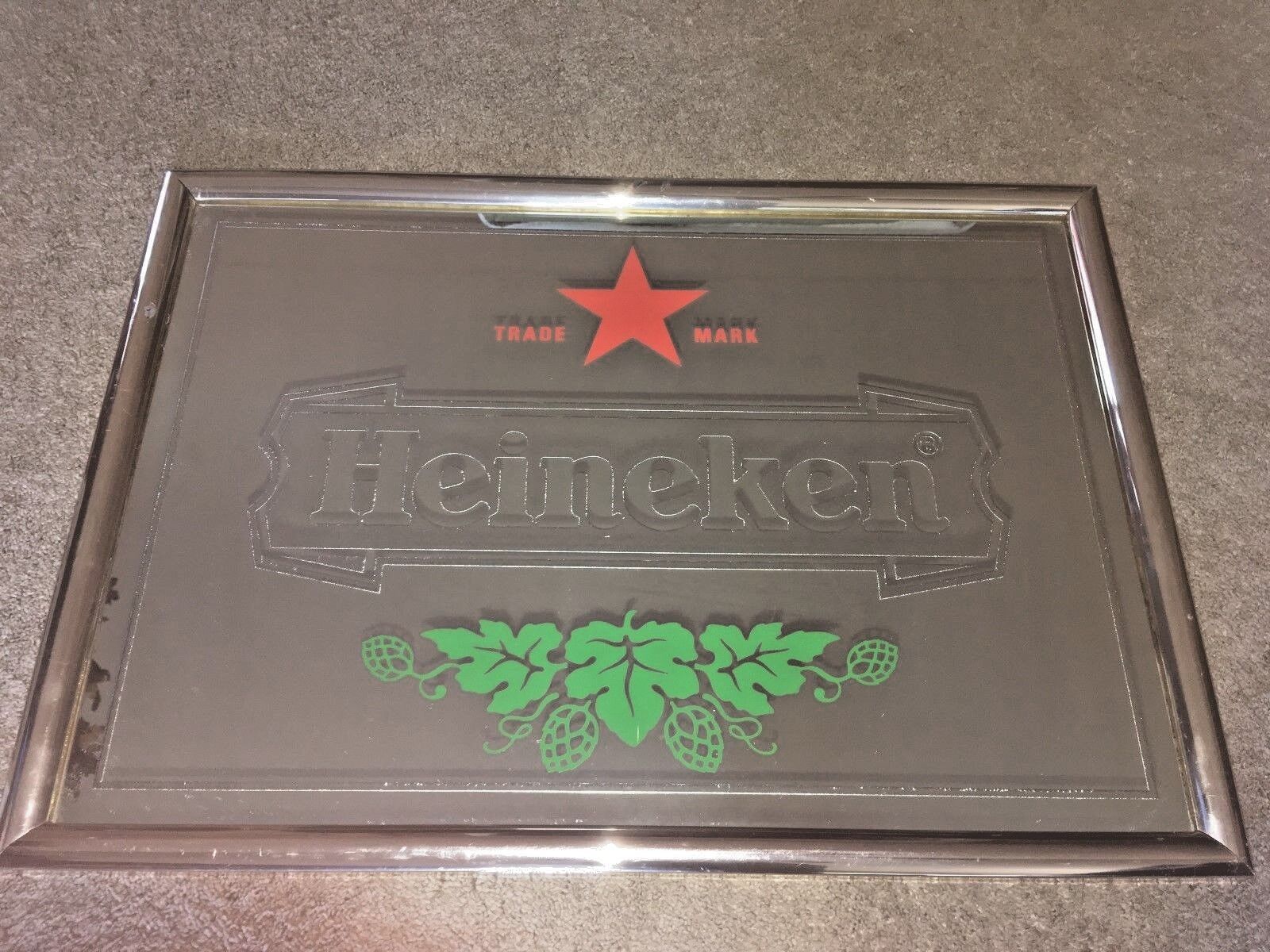 heineken framed beer mirror bar mirror green leaves trade*mark 27\'\' x 20\'\'