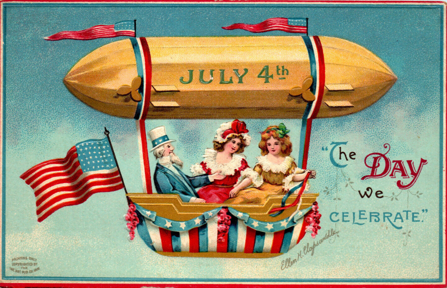 Clapsaddle Uncle Sam Blimp Airship 4th Of July Patriotic Postcard American Flag