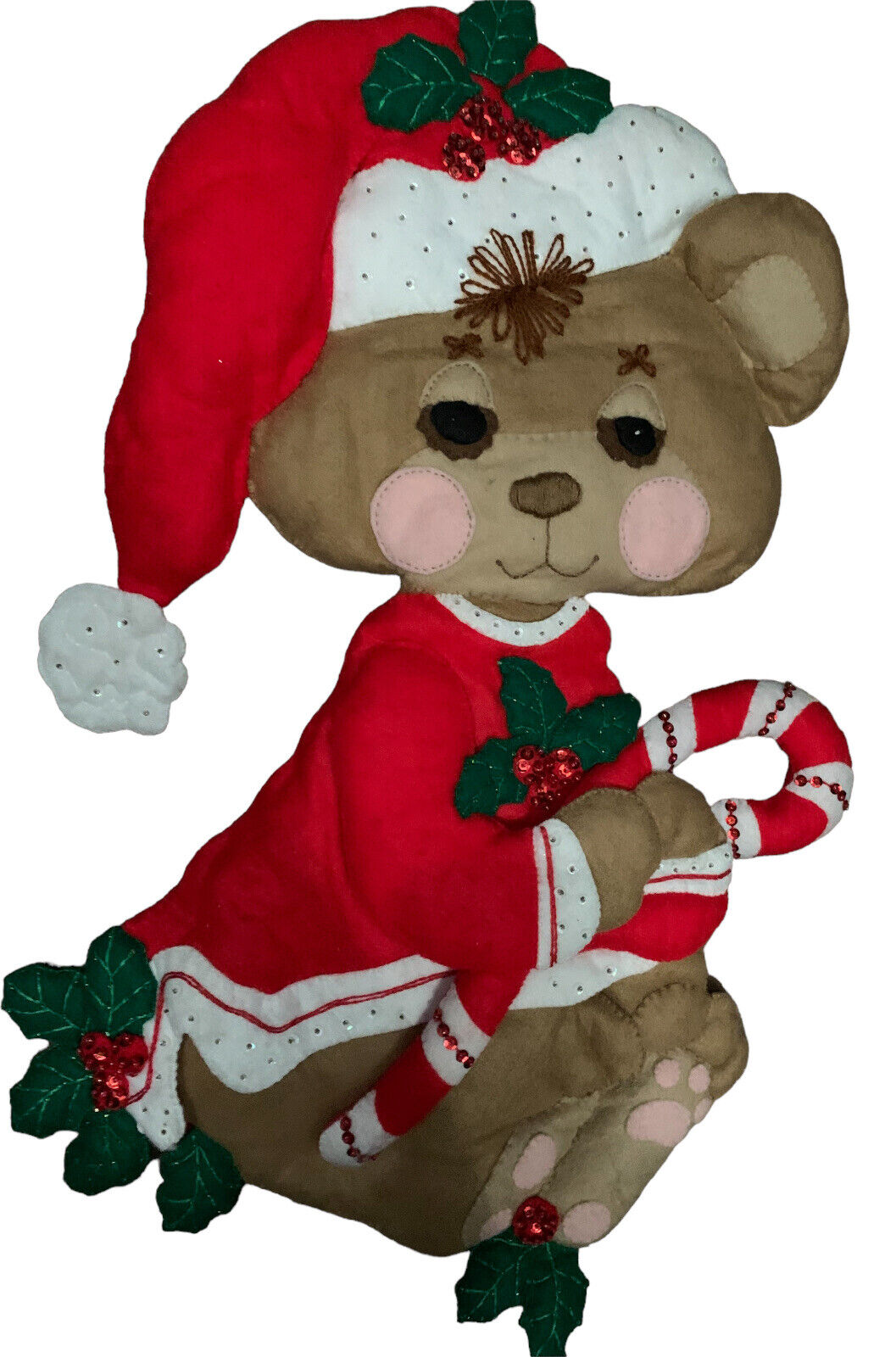 Felt Christmas Decor- Hanging Sleepy Teddy Bear, Candy Cane, Holly 22.5 Inch
