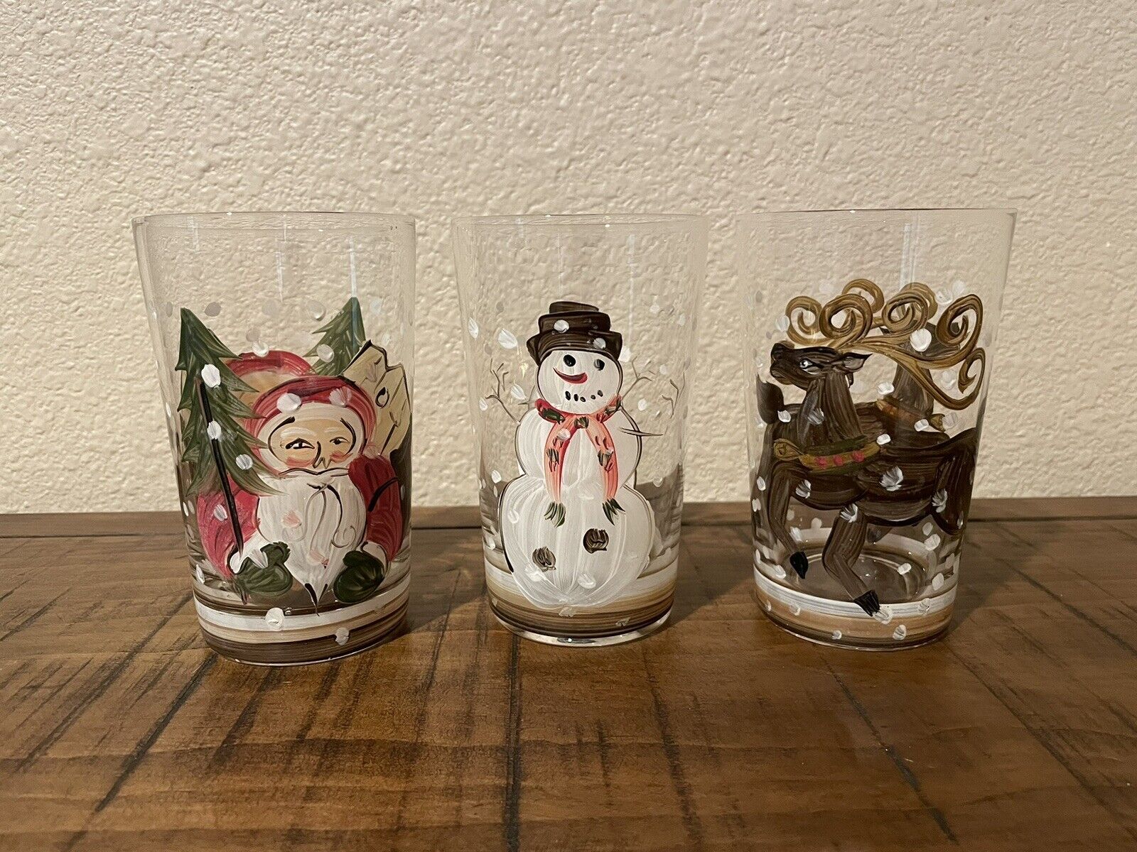 Vintage Christmas Glasses Set of 3 Santa, Snowman & Reindeer Hand Painted