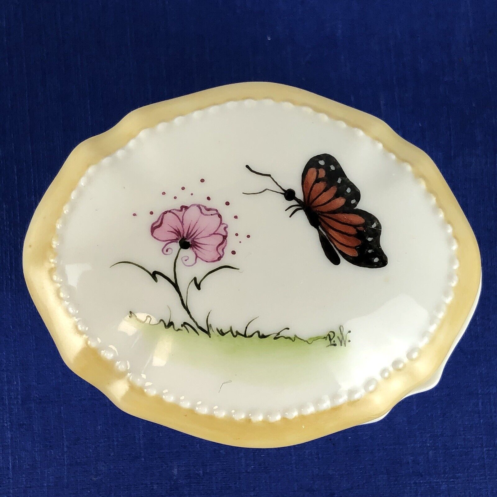 Trinket Box Floral Ceramic Hand Painted Butterfly Floral Pink Flower￼ Signed