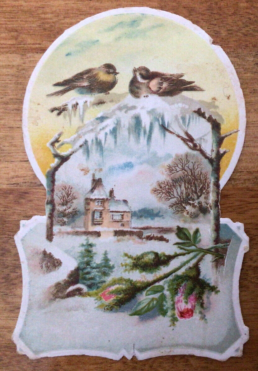 1880\'s Die Cut Victorian Trade Card, Winter Birds~Farm Scene~Roses