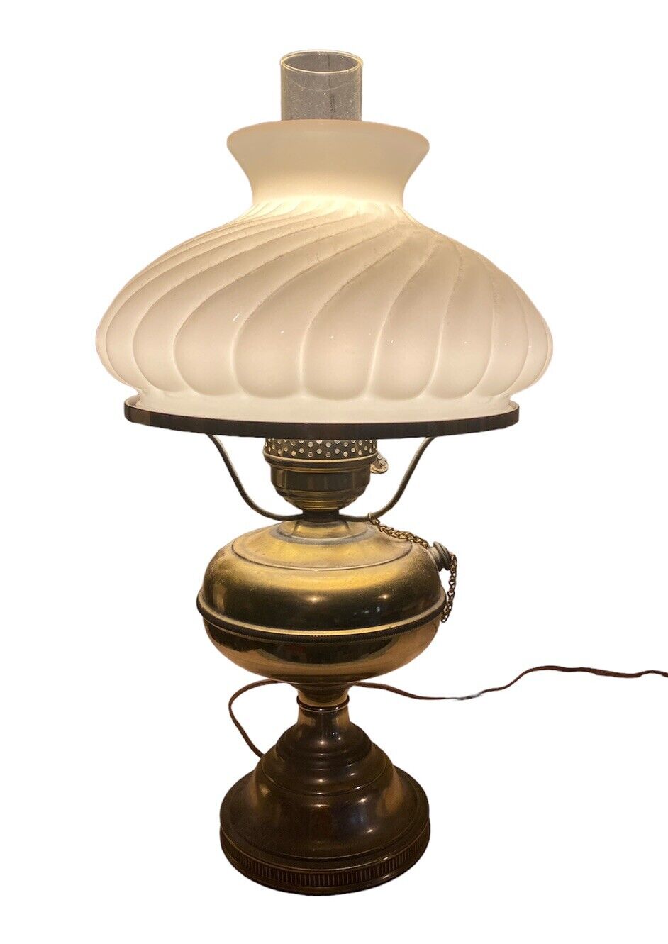 Vtg Brass Hurricane Lamp White Milk Glass Shade Aladdin Converted Electric 