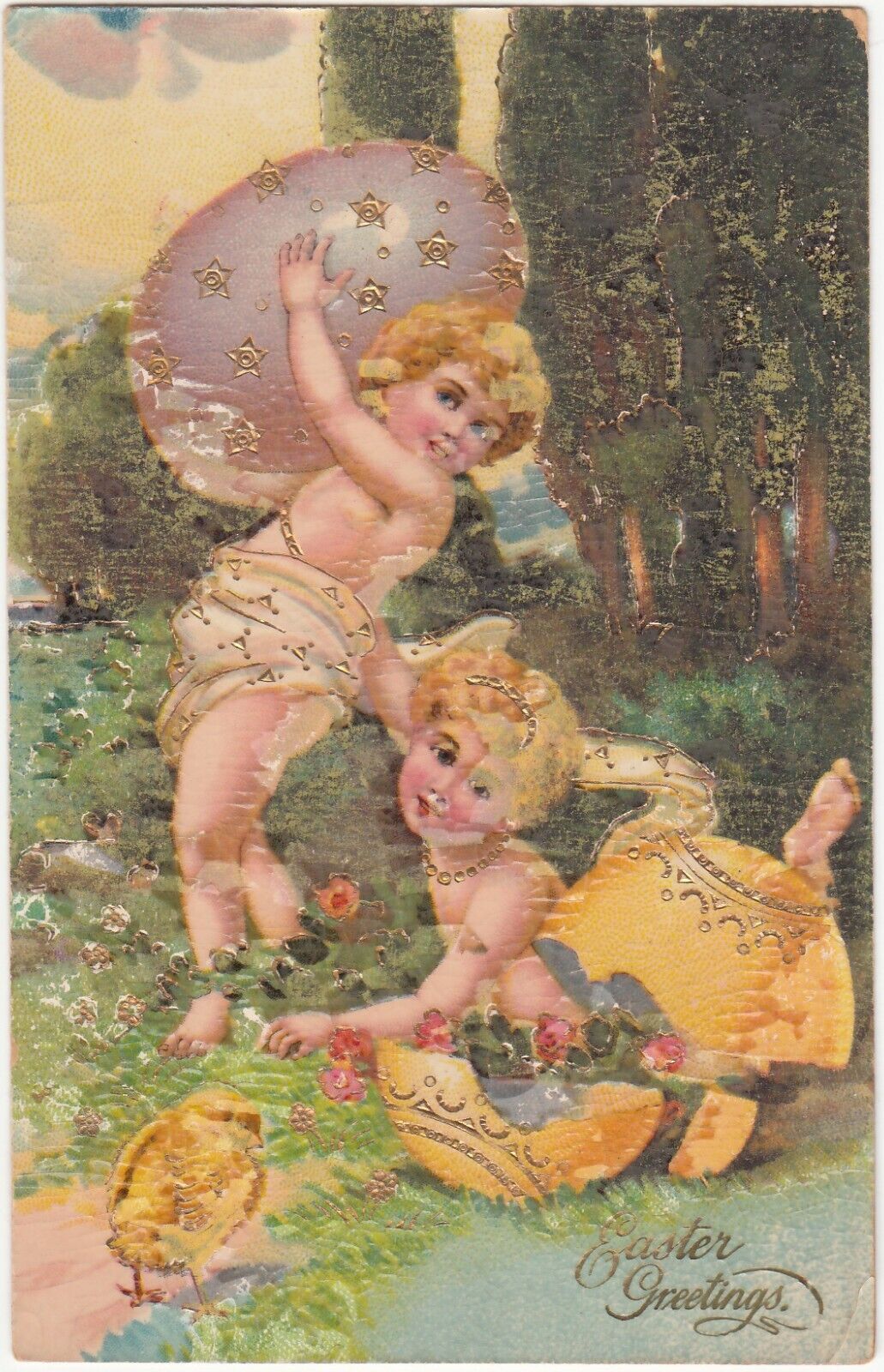 Easter Greetings. Children with Large Eggs and Chick. Vintage. RBF Ser# 9832