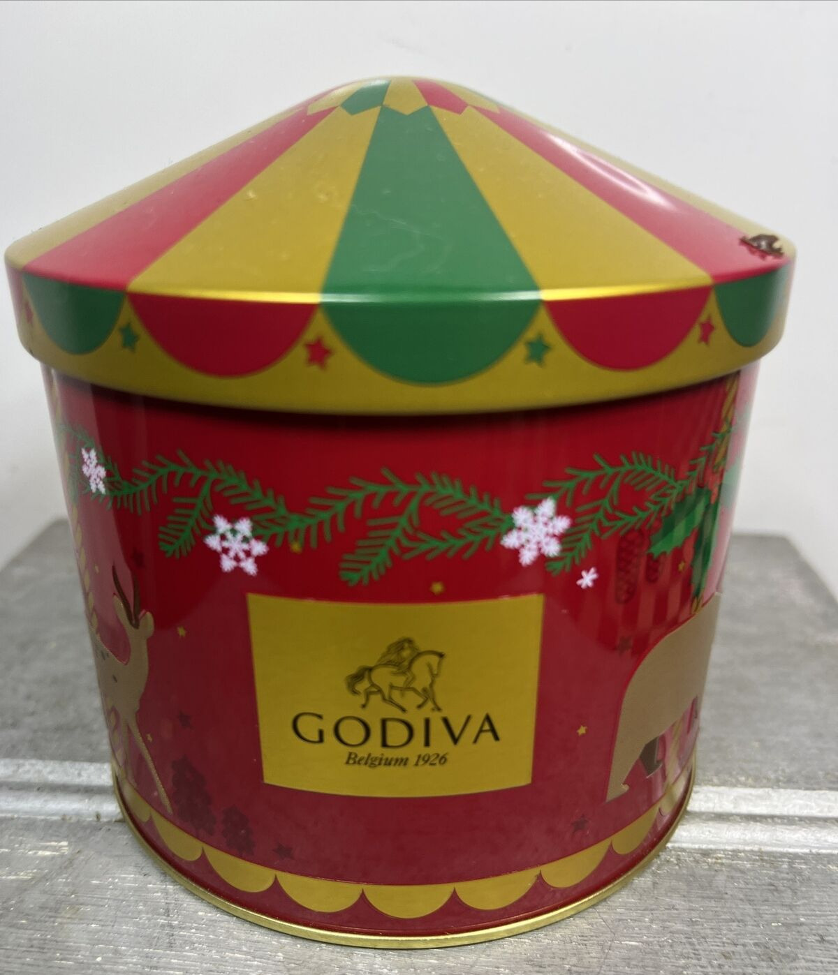 Godiva Carousel EMPTY Collectible Tin Storage Container Display ;