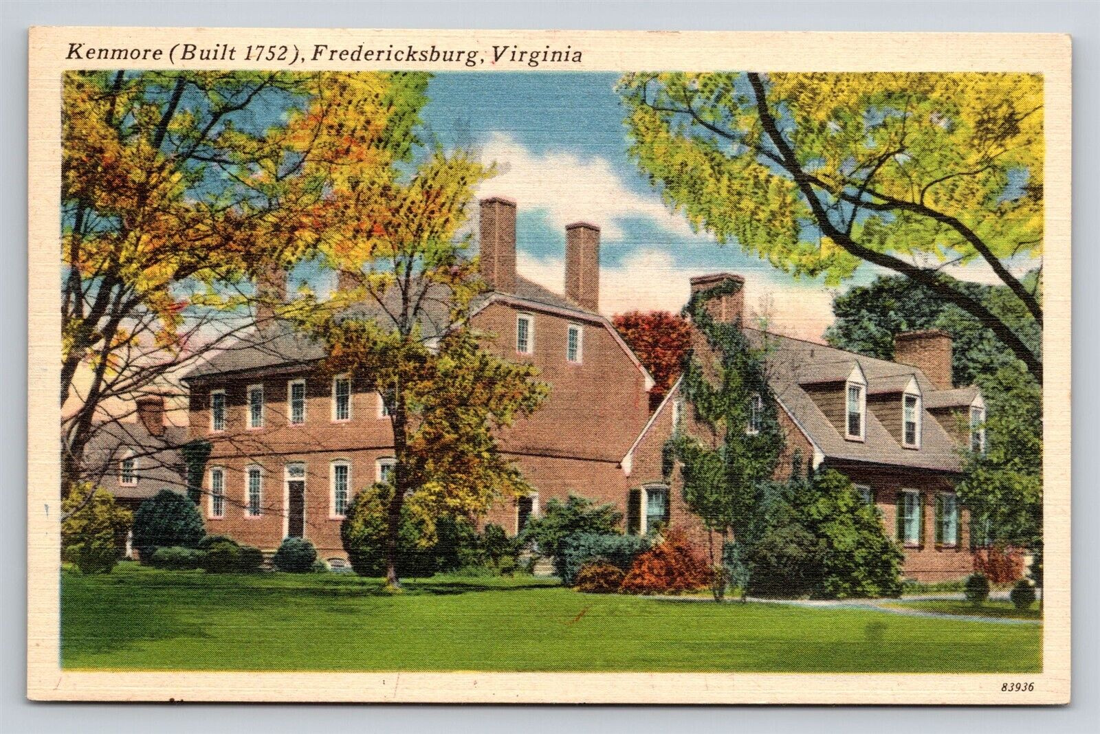 Fredericksburg VA Virginia Kenmore Plantation Home Built 1752 Vintage Postcard 
