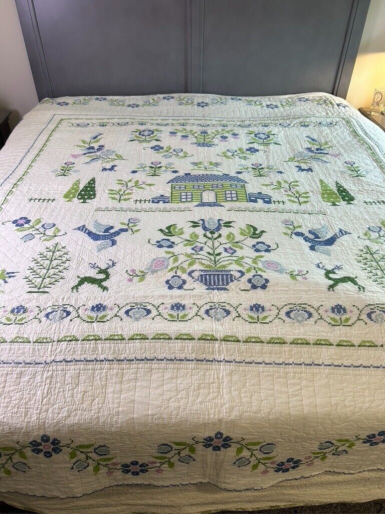 Vintage Americana Allover Hand Cross Stitched Quilt 98\