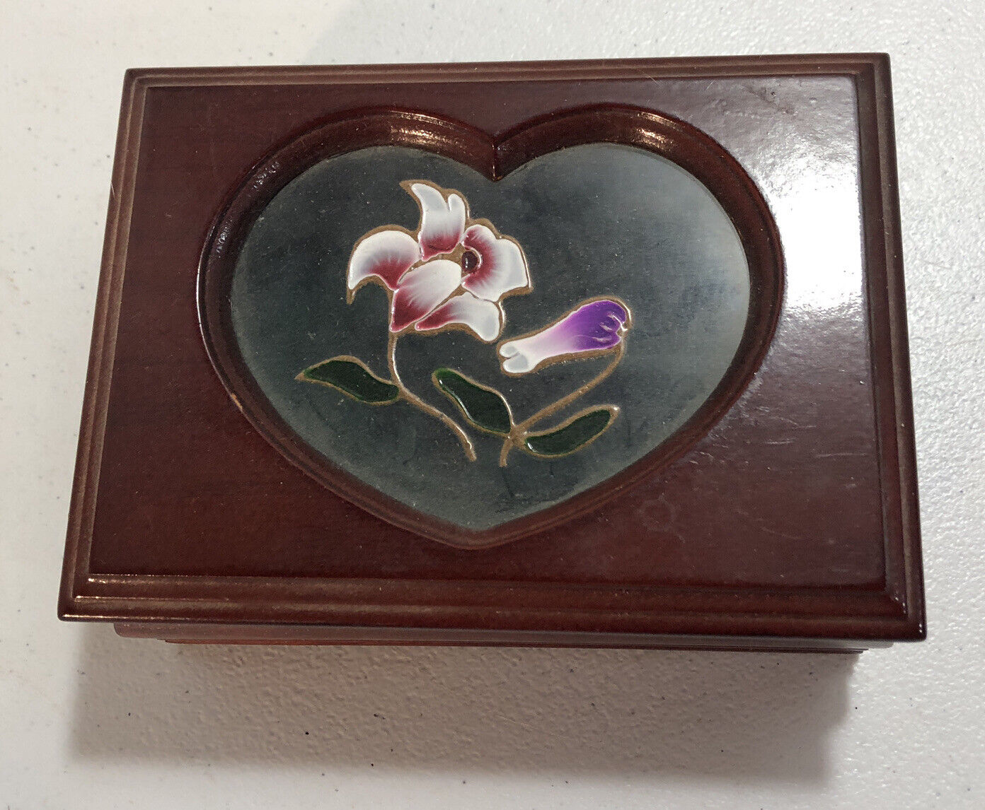 Vintage Wooden Stained Glass Jewelry Trinket Storage Box Chest Flower In Bloom