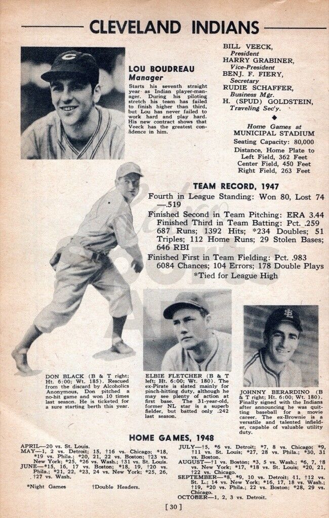 1948 Cleveland Indians Bob Feller Vintage Baseball Print Ad Page