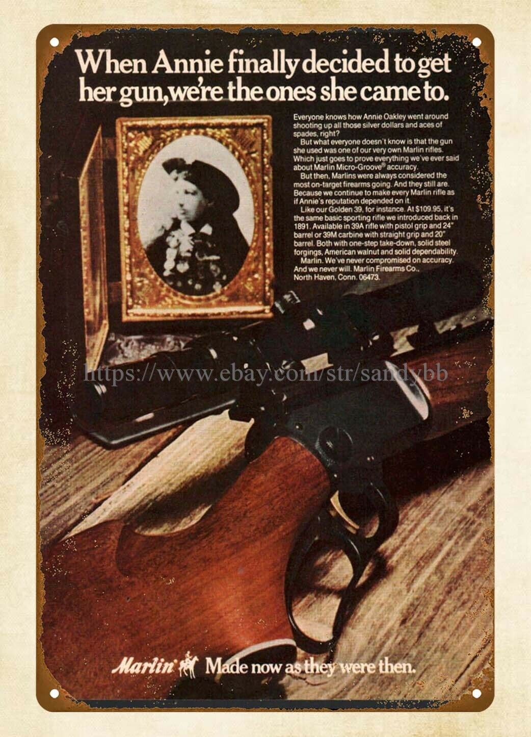 wall decor 1972 firearm MARLIN Rifle Annie Oakle metal tin sign