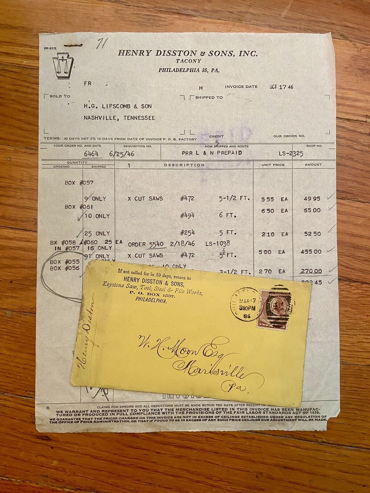 1886 Henry Disston & Sons Envelope w/Signature & 1946 Invoice Keystone Saw PA