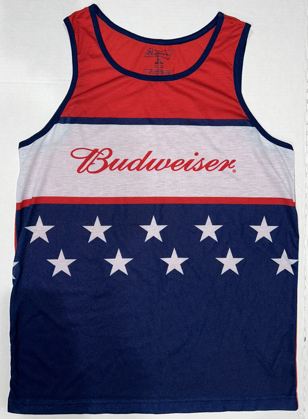 Budweiser Tank Top Sleeveless Shirt Size Medium Red White Blue Flag America BBQ