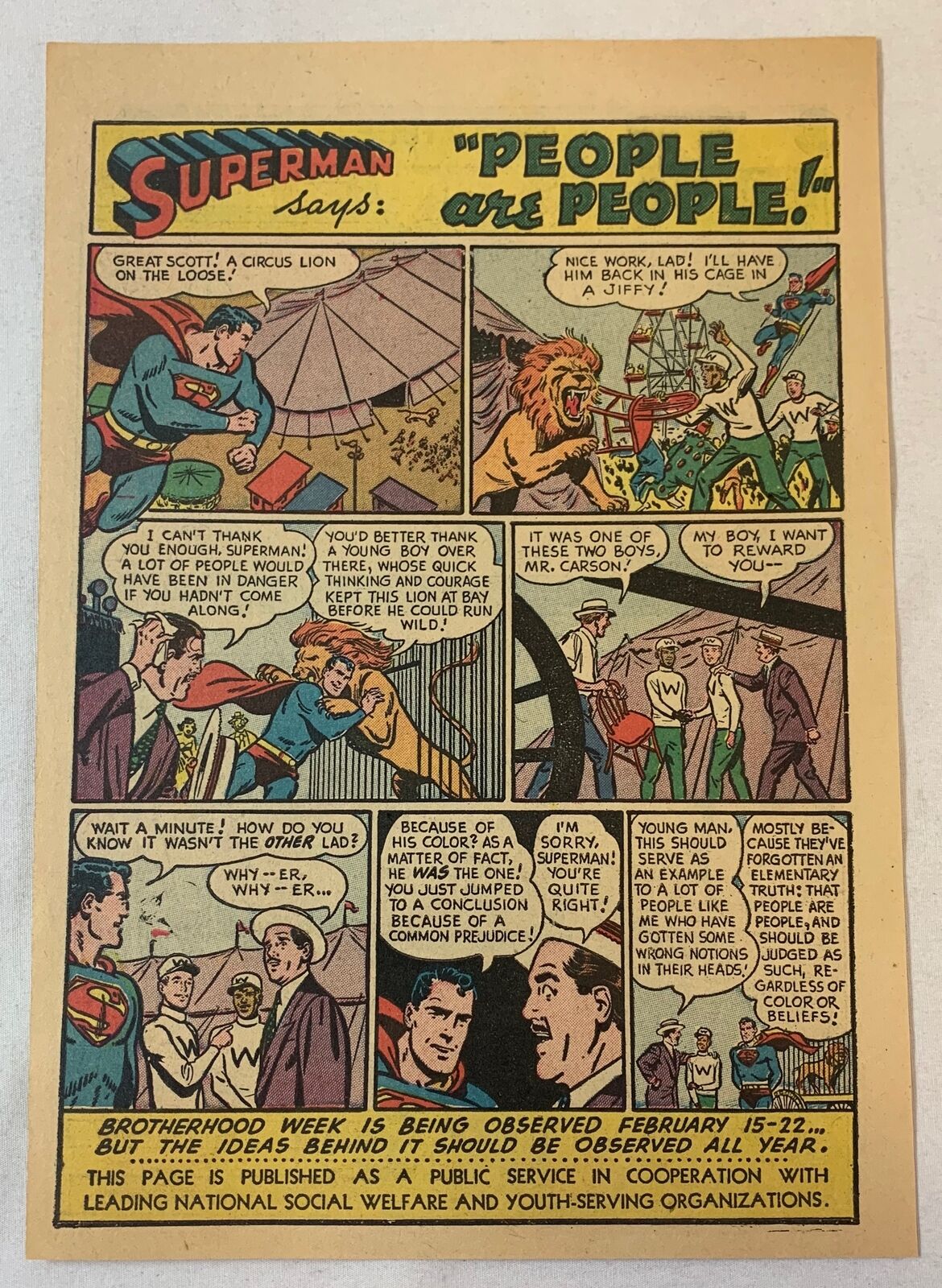 1953 SUPERMAN cartoon PSA ad page ~ Defeat Racism