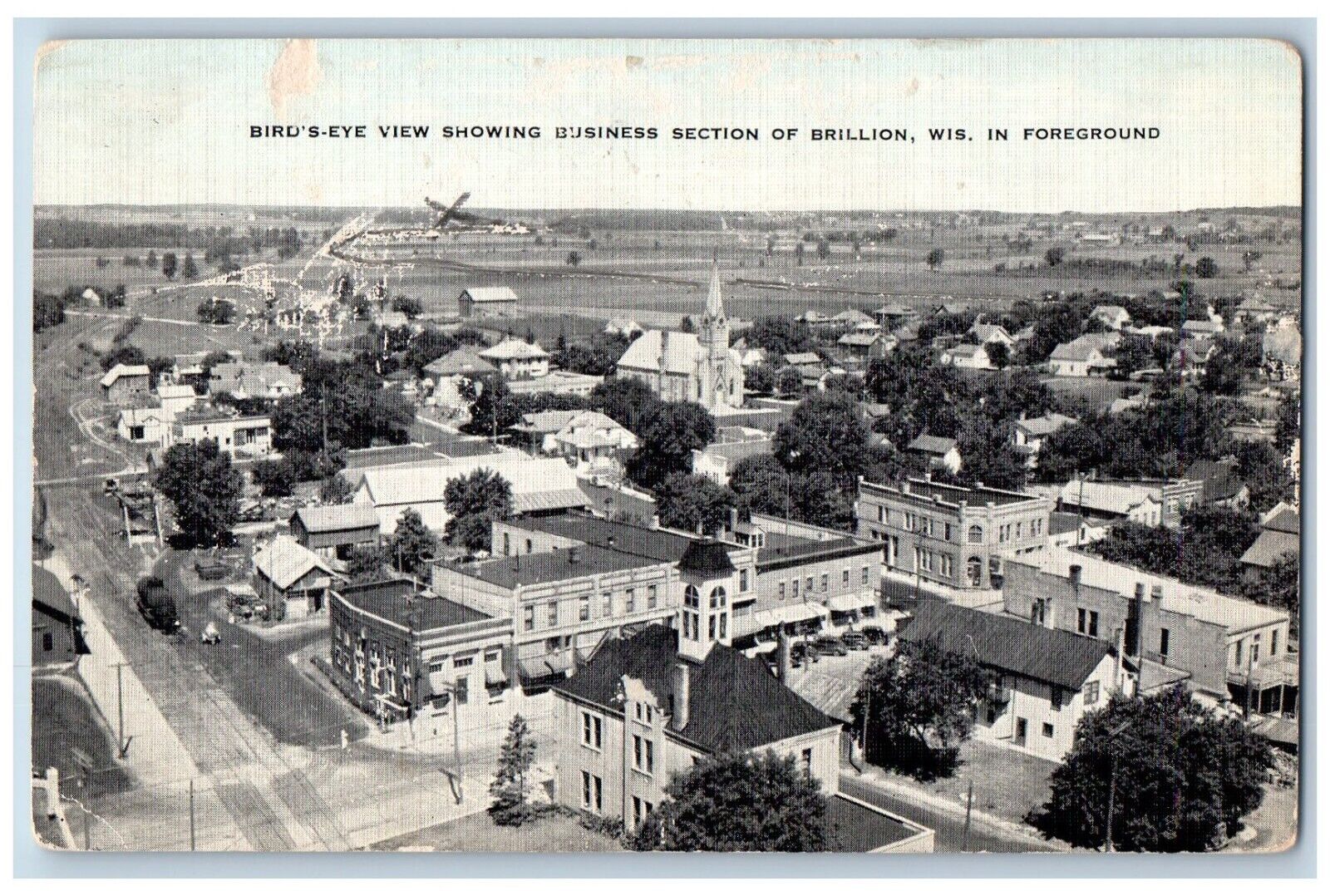 Brillion Wisconsin WI Postcard Birds Eye View Showing Business Foreground c1940