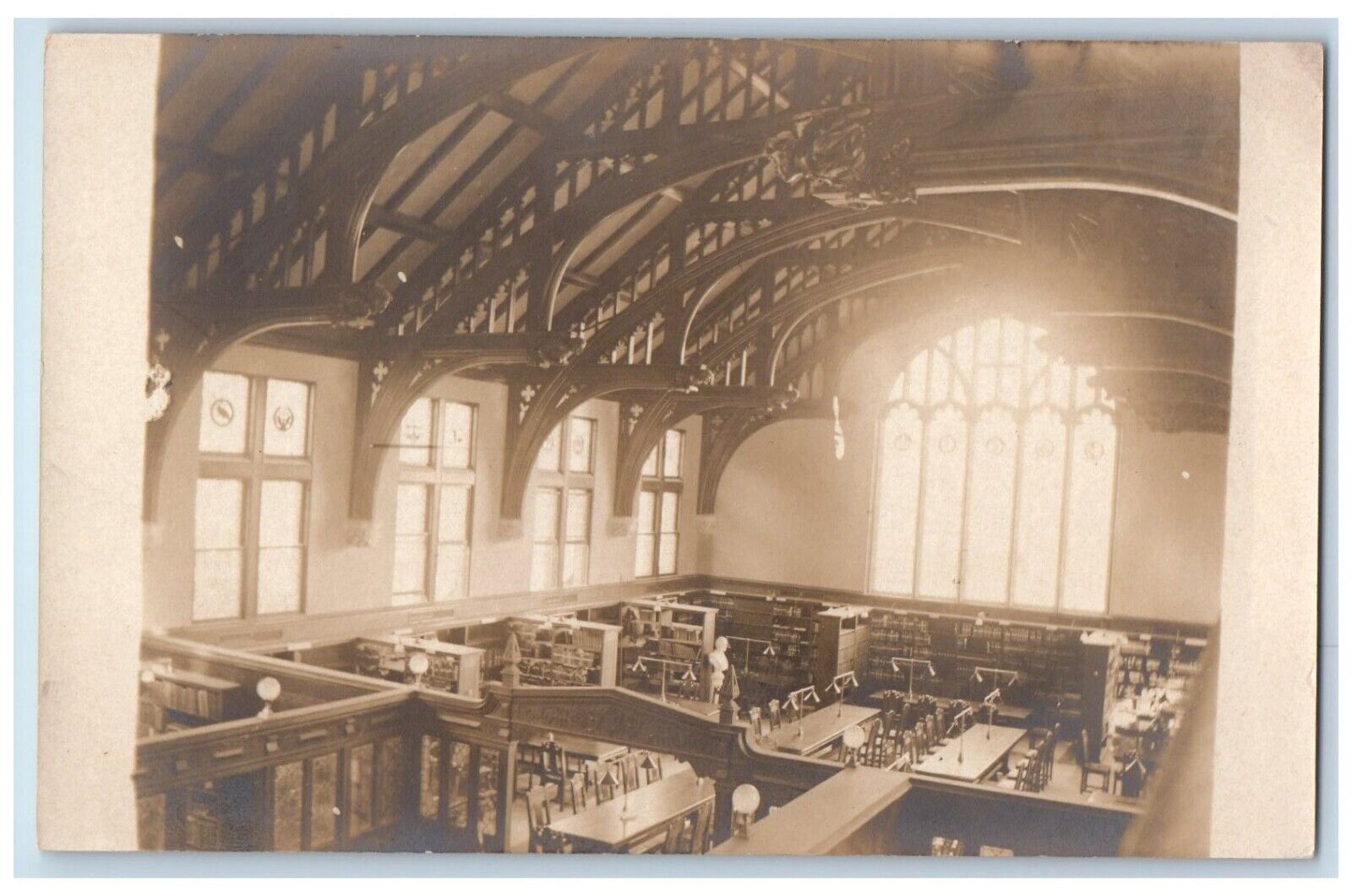 c1910\'s Grand Library Interior Victorian Stained Glass Unposted RPPC Postcard