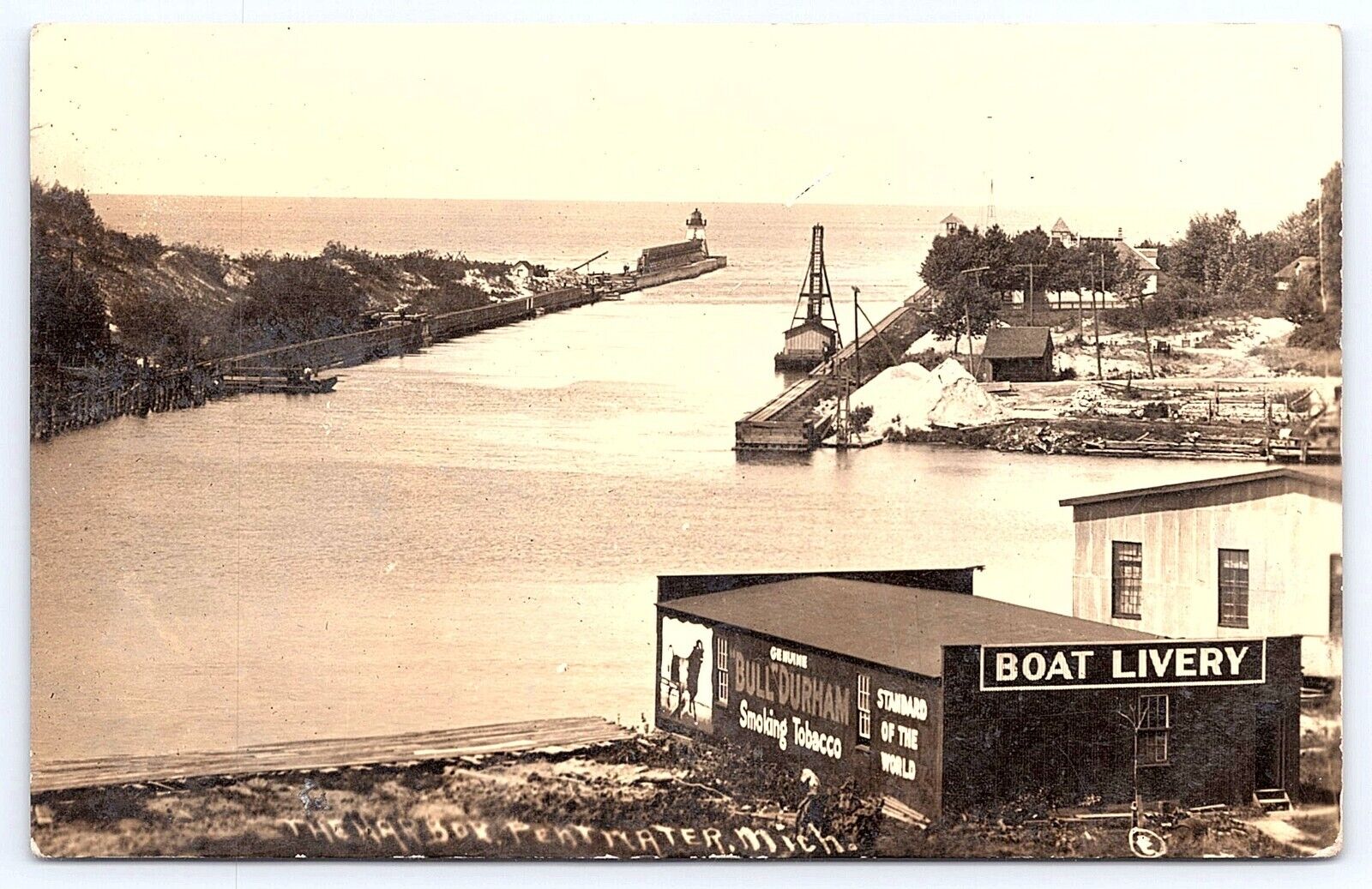 Postcard RPPC Pentwater Michigan The Harbor Boat Livery Bull Durham Tobacco 1911