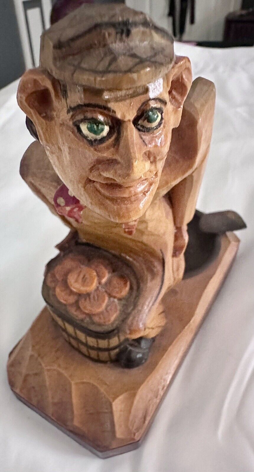 Vintage Wood Carve Folk Art Man Pooping Figural Tray Dish Ashtray Geldscheisser