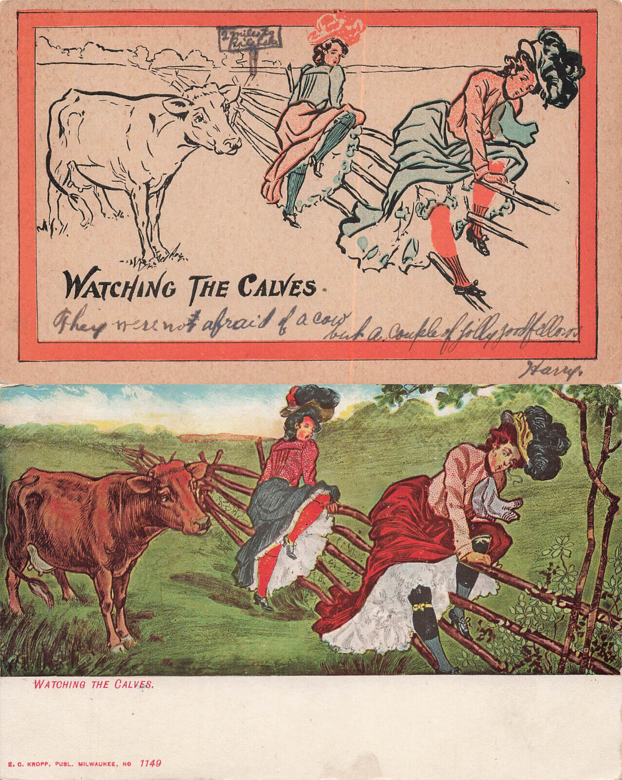 LOT OF 2 COMIC POSTCARD WATCHING THE CALVES COW & WOMEN ON FENCE c1906 092123 S