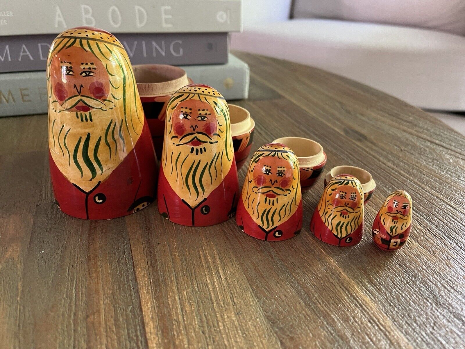 Vintage Set Of 5 Santa Nesting Dolls Matryoshka Russian Christmas Hand Painted