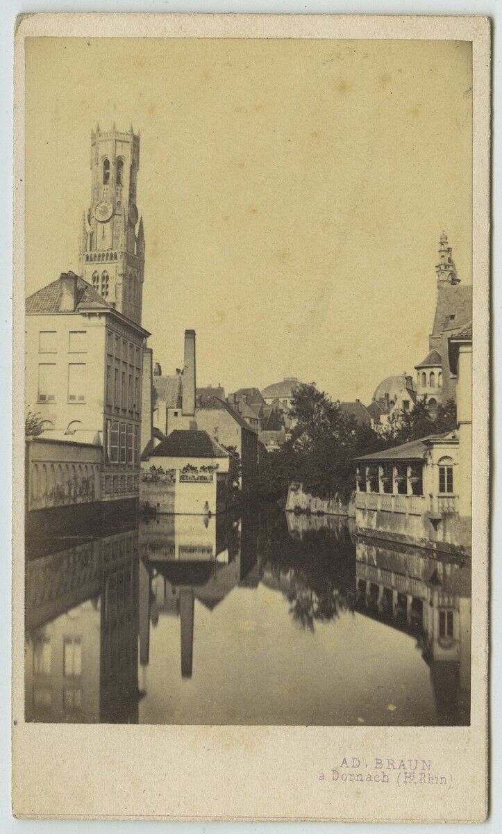 Belgium. CDV 1860-70 Adolphe Brown. Bruges. Roosenhoed Wharf, belfry. Brugge.