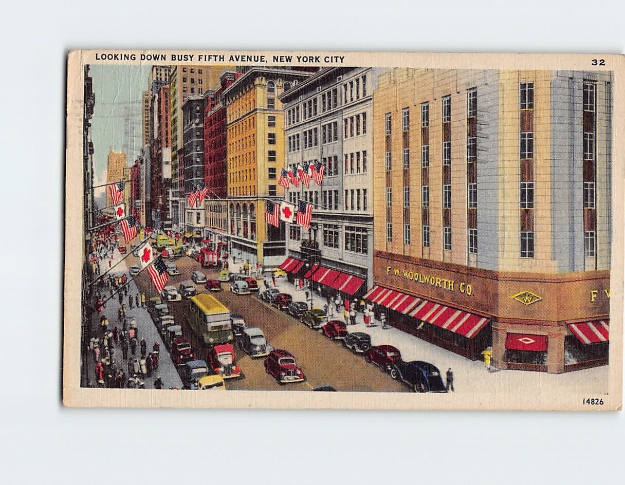 Postcard Looking Down Busy Fifth Avenue New York City New York USA
