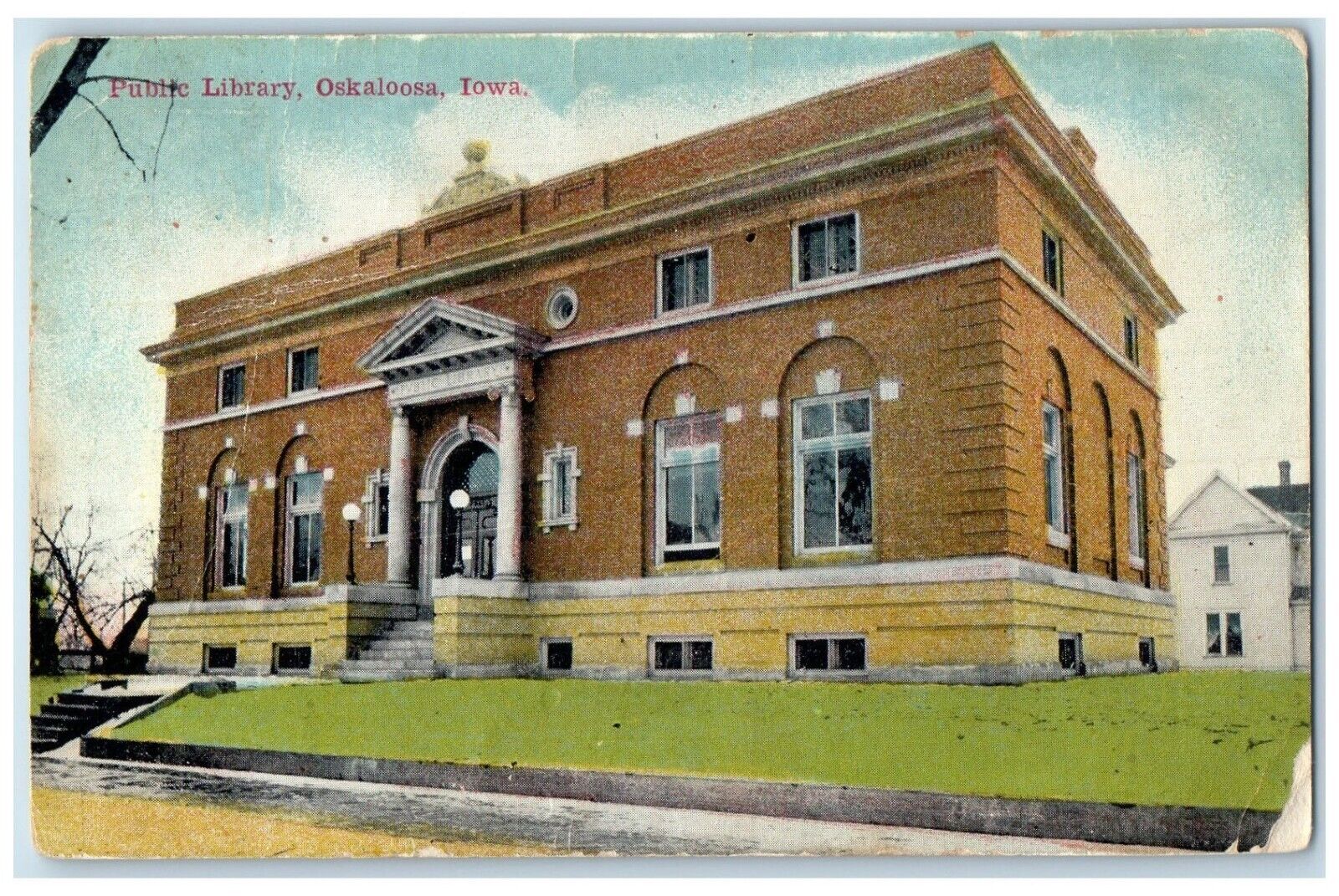 1910 Public Library Building Scene Street Oskaloosa Lacey Iowa IA Postcard