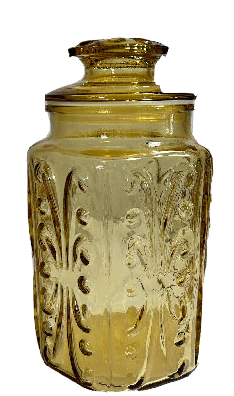 Vintage FEDERAL GLASS -Show Off Amber-Large Canister w Lid. 1940s MINT