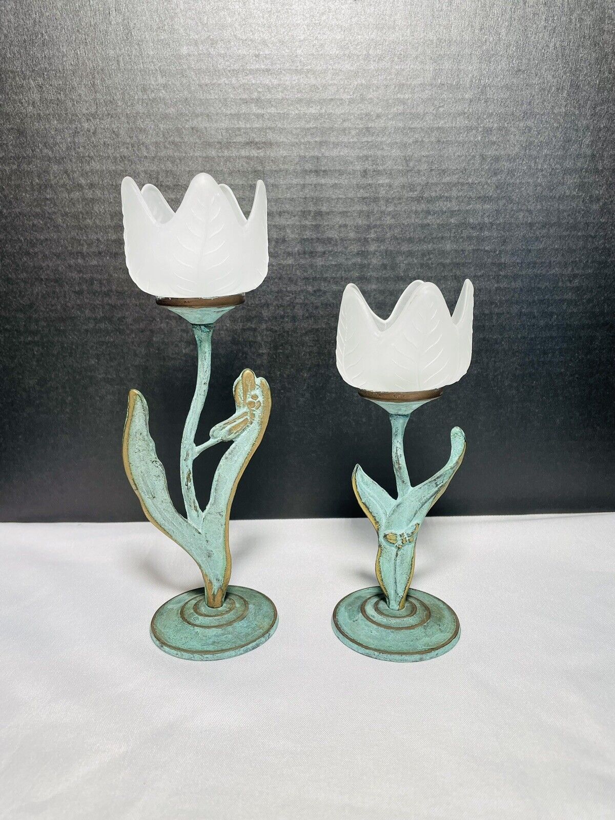 Vintage Frosted Glass Tulip With Verdigris Brass Stem Candle Holders- Set Of 2