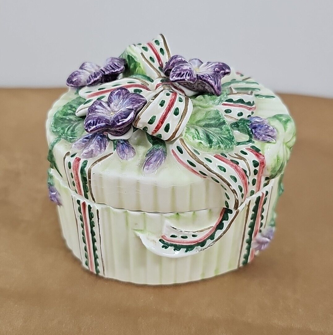 Vintage Fitz & Floyd Bouquet Gift Box 3 in Round Fluted lid with Violets Trinket