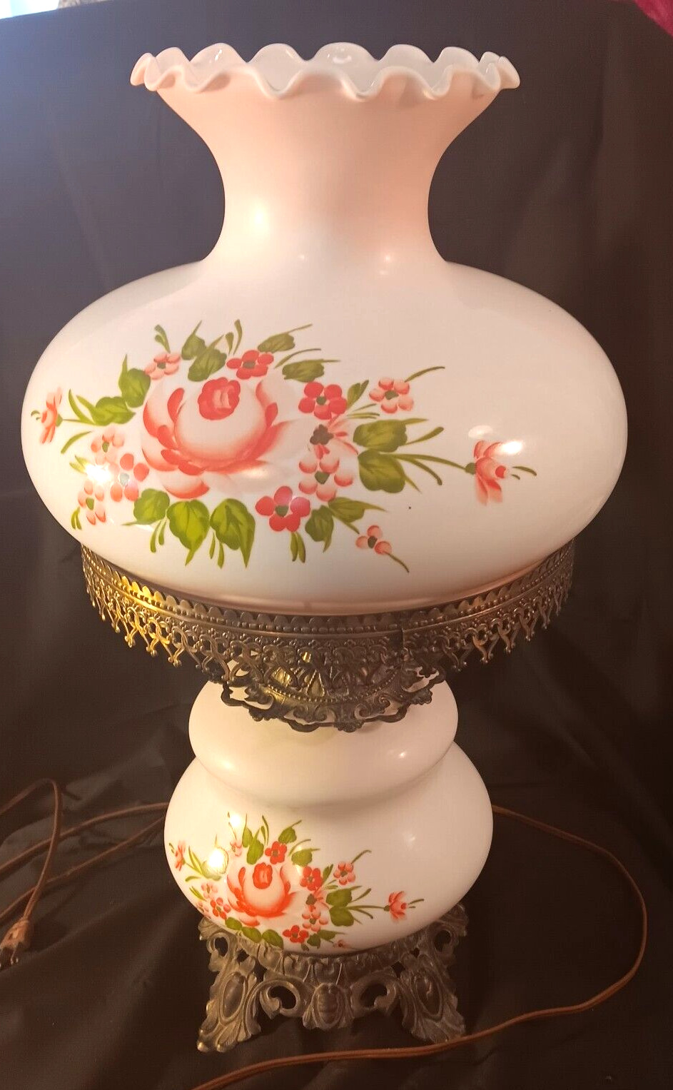 Vintage Hurricane Parlor Table lamp Gone with the Wind Hand Painted Milk Glass