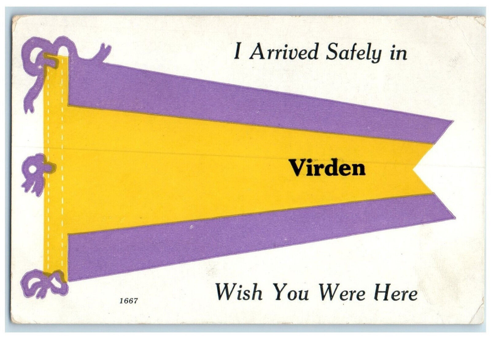 c1910 I Arrived Safely in Virden Manitoba Canada Message Pennant Postcard