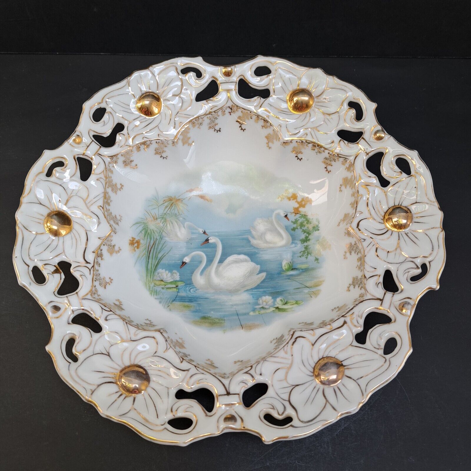Antique Porcelain Bowl Germany Late Baroque Style Hand Painted Gold Gilding 11.5
