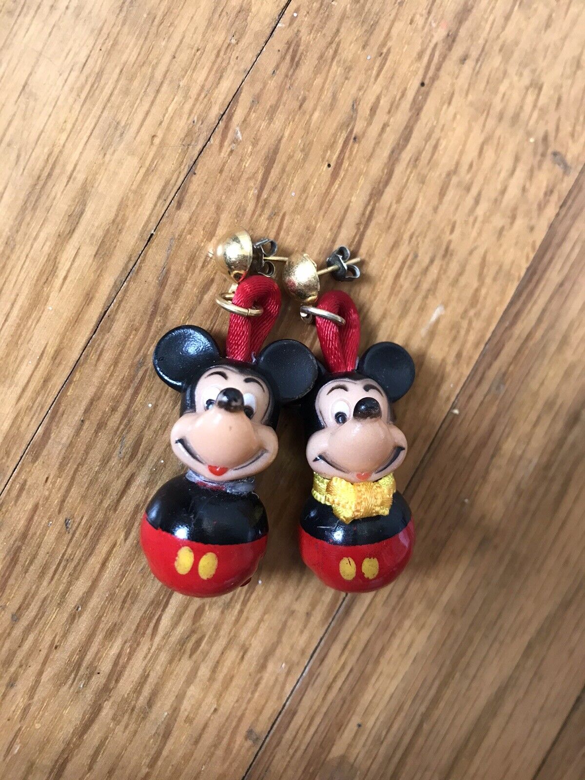 Vintage Disney Mickey Mouse Jingle Bells Dangle Earrings RARE 1960s Bigger nose