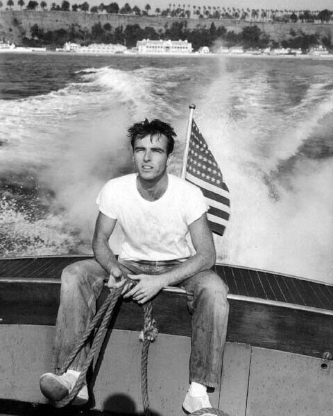 Montgomery Clift in white t-shirt & jeans onboard boat 1951 8x10 inch photo