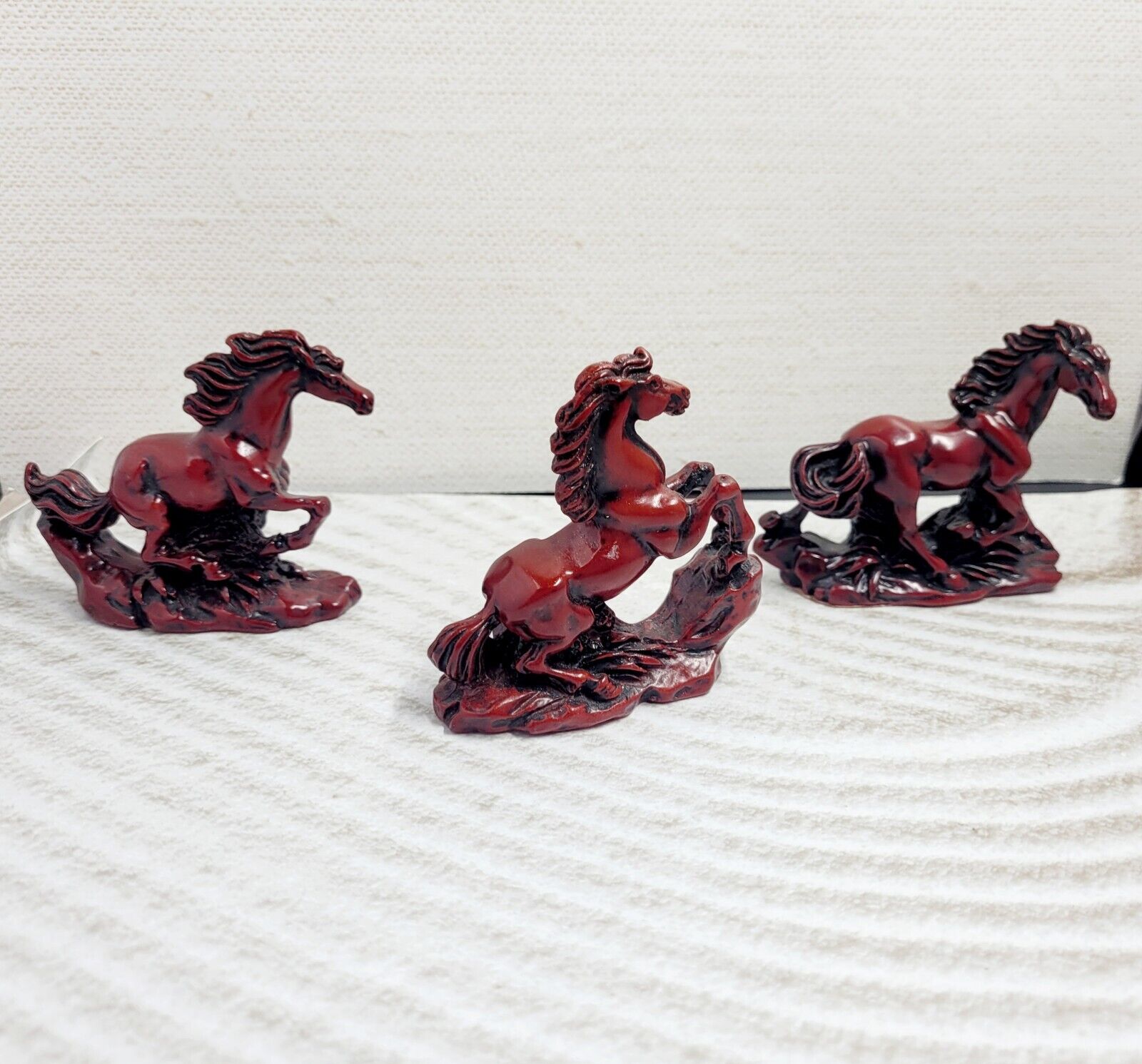 Vtg Chinese Wild Horse Sculpture Red Resin Figure Asian Sculpture ~Set of 3~