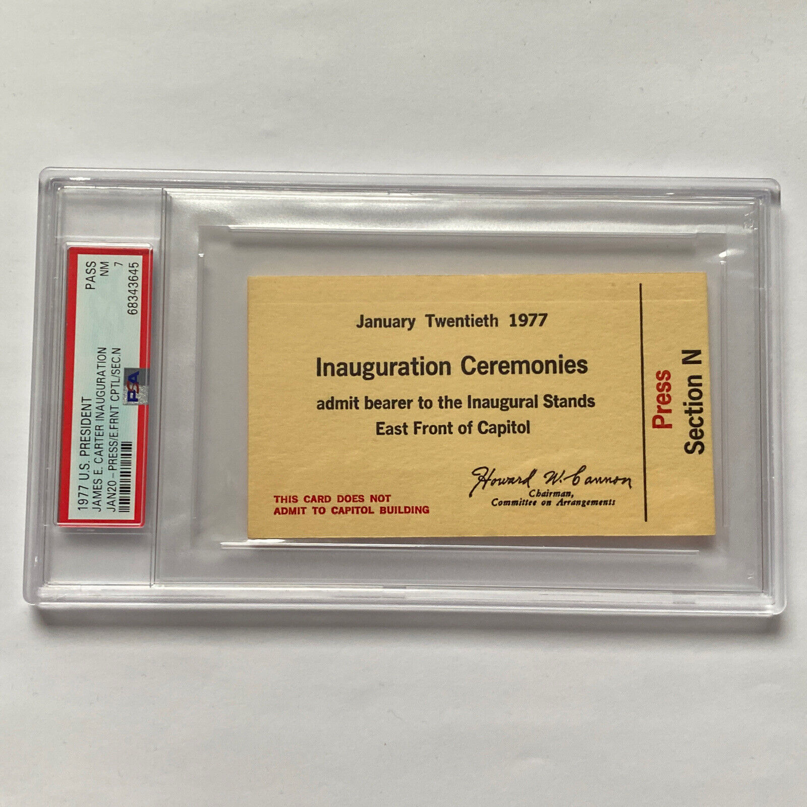 1977 President Jimmy Carter Inauguration East Front Press Full Ticket Pass PSA 7