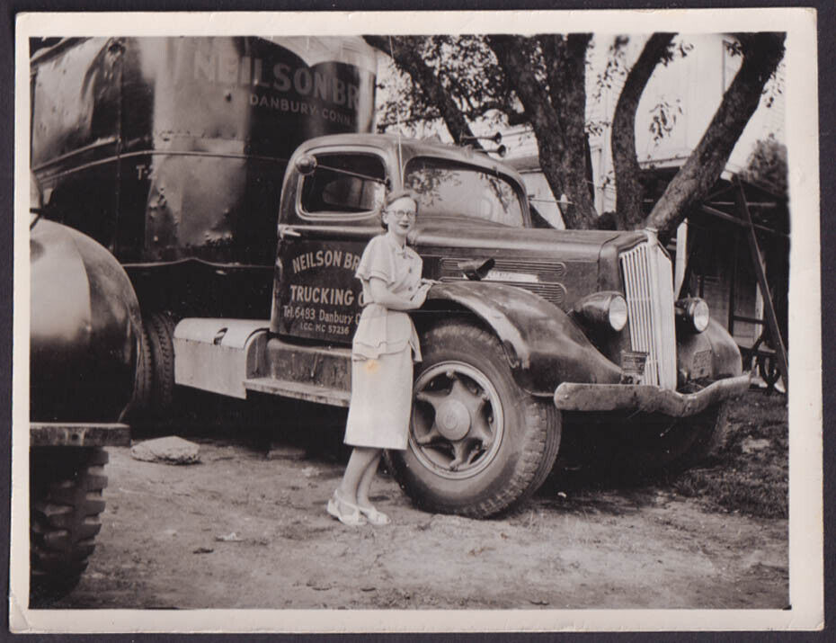 1937 White Nelson Bros Trucking Danbury CT & pretty girl vernacular photo