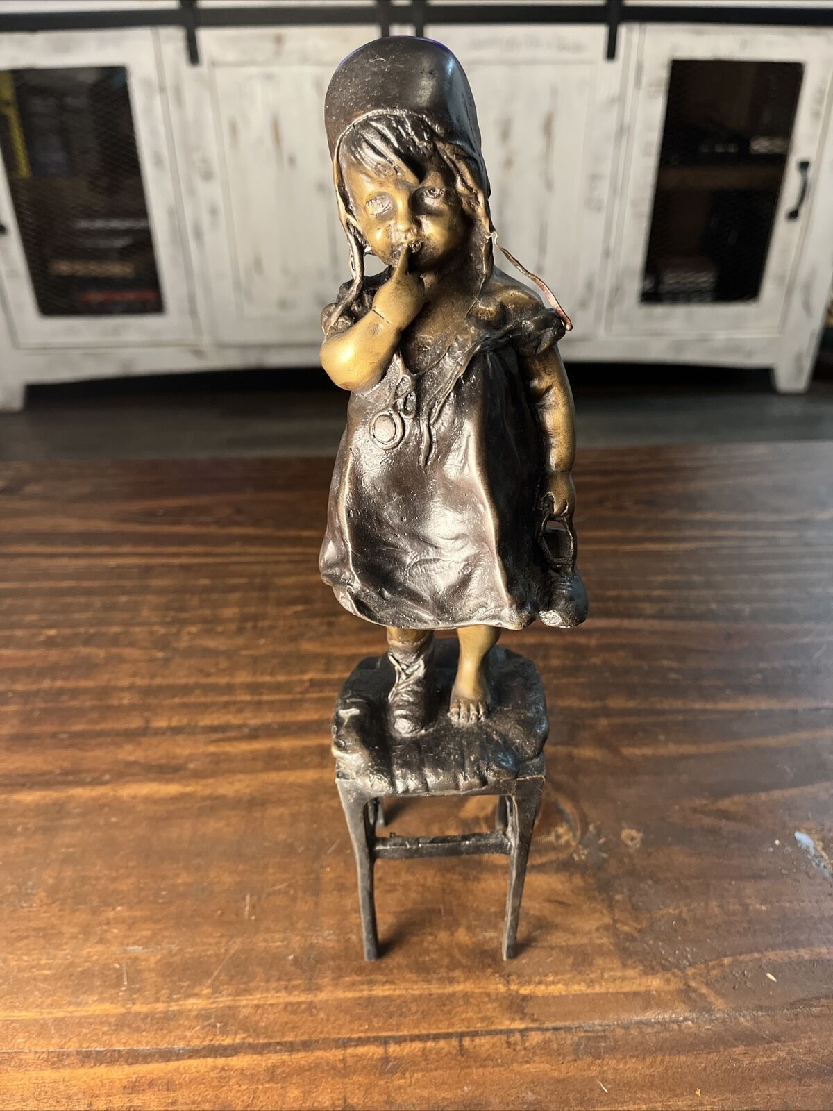 MAGNIFICENT 1900s BRONZE OF A GIRL STANDING ON A CHAIR BY JUAN CLARA
