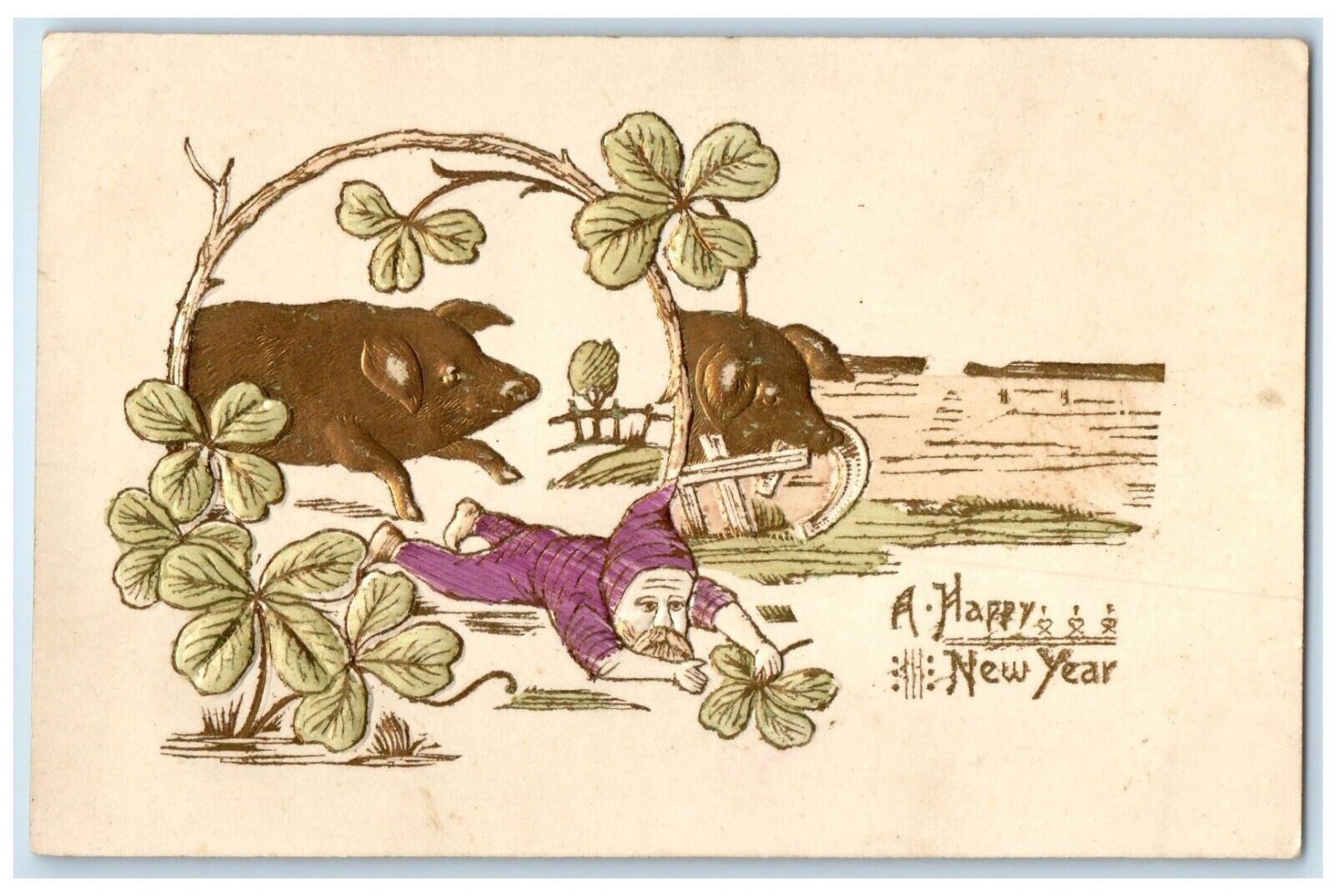 c1905 Happy New Year Elf Gnome Fantasy Pig Clover Horseshoe Embossed Postcard