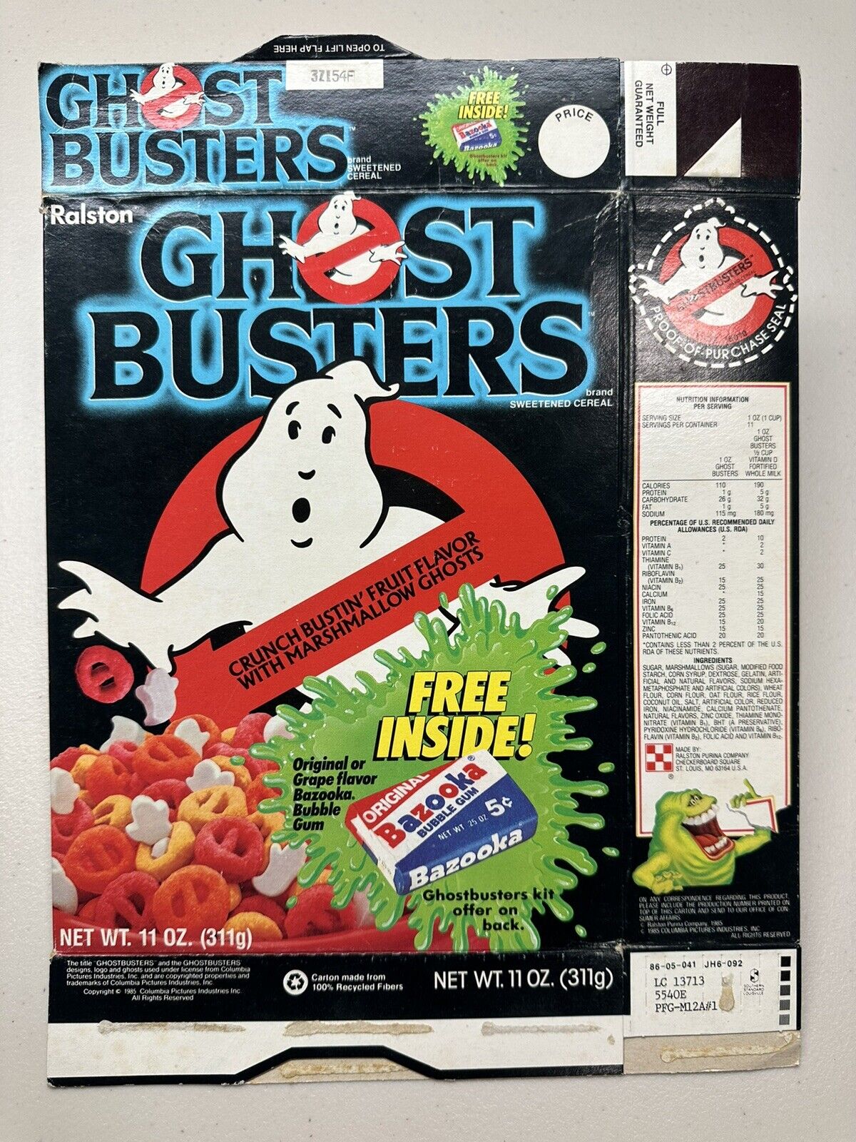 Vintage 1985 Ghost Busters Cereal Box Bazooka Gum Offer + Kit Premium Ralston