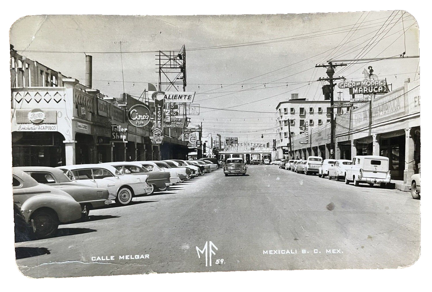 RPPC Mexicali Street View Postcard Calle Melgar Vintage Cars Round Corners 1959