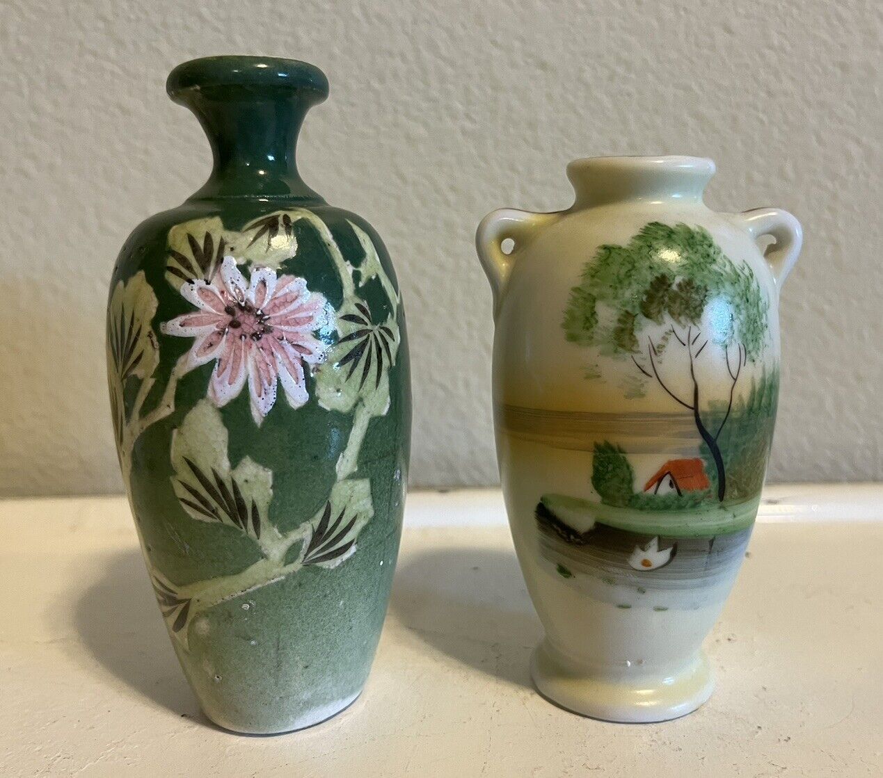 Two Vintage Hand Painted Miniature Vases Japan Floral
