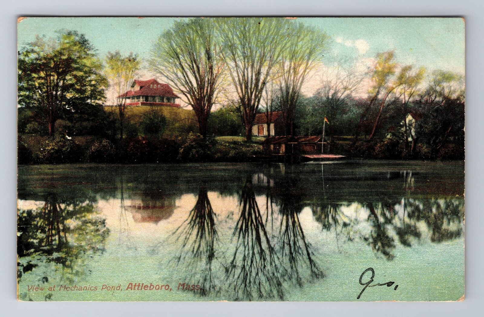 Attleboro MA-Massachusetts, Scenic Mechanics Pond, Vintage c1907 Postcard