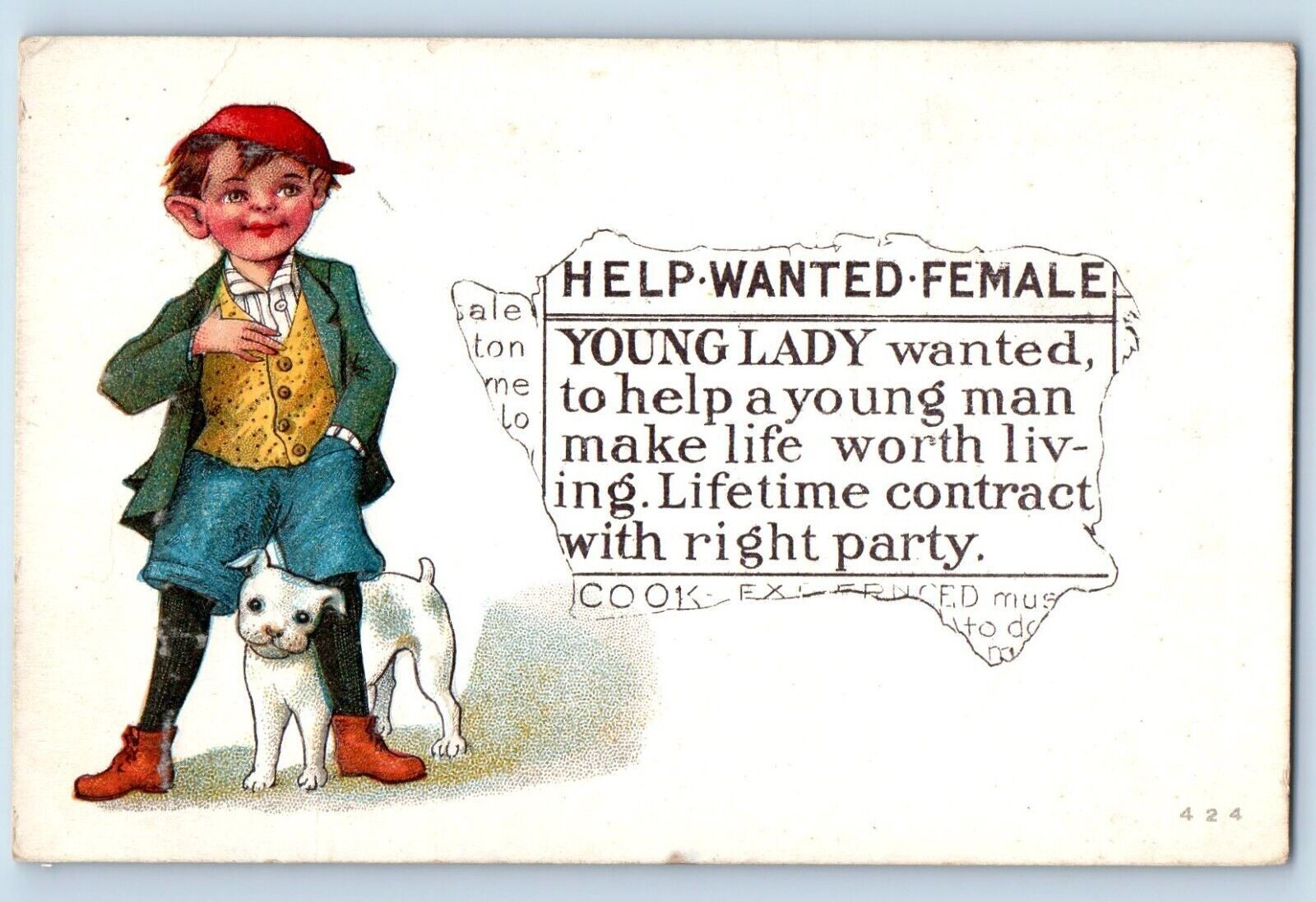Boy And Dog Postcard Help Wanted Female Young Lady To Help Young Man c1910\'s