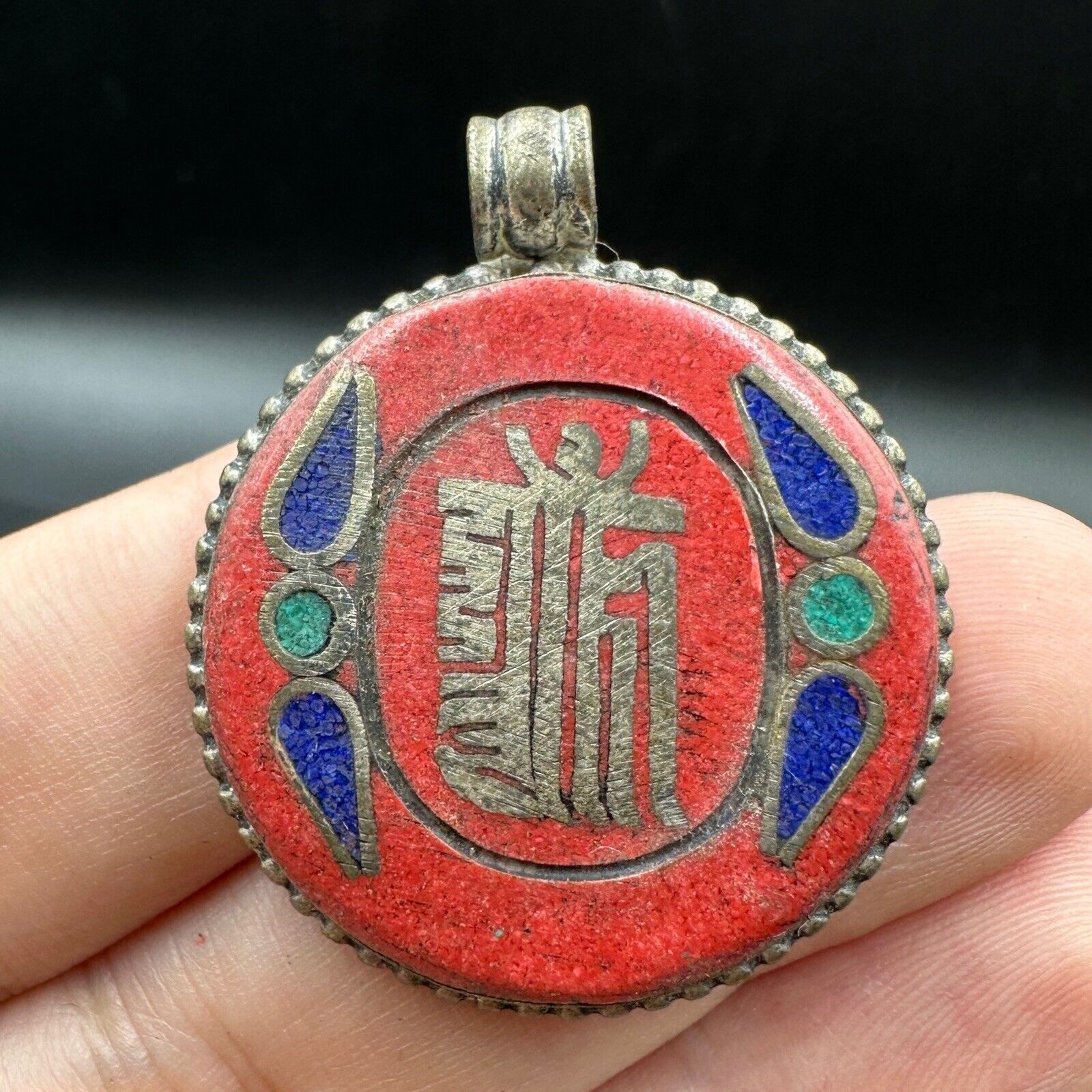 Very unique Vintage Tibetan two side wearable pendant Turquoise & Lapis Stone