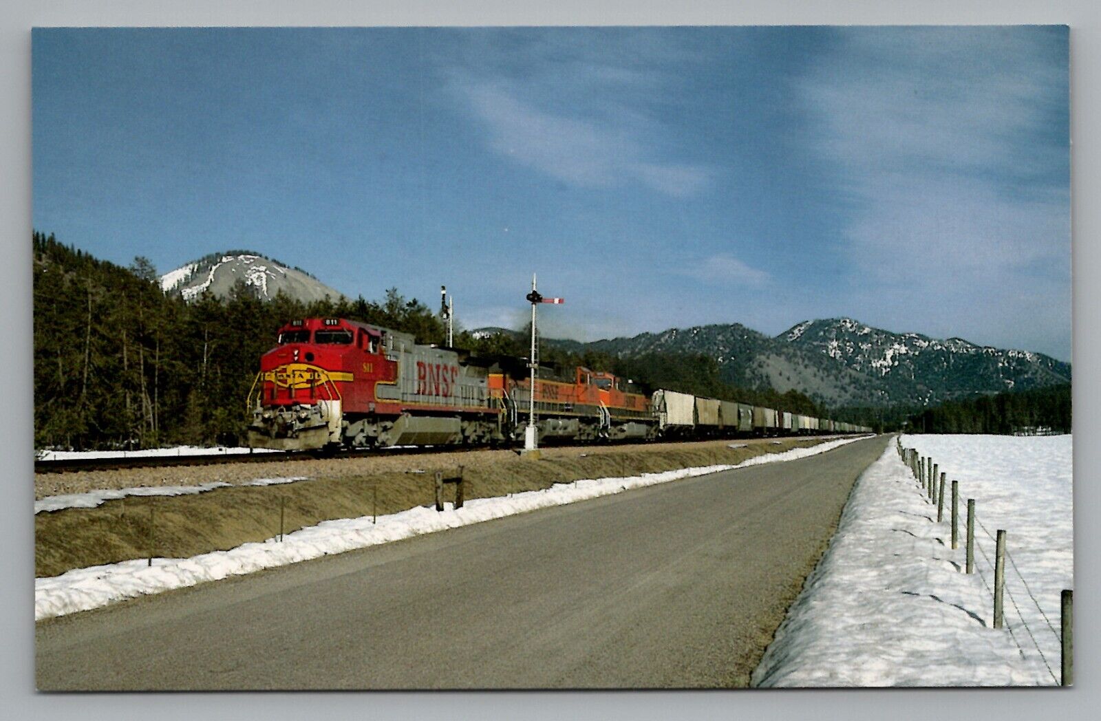 Postcard Westbound BNSF Grain Train Semaphores Montana Rail Link 3 Locomotives
