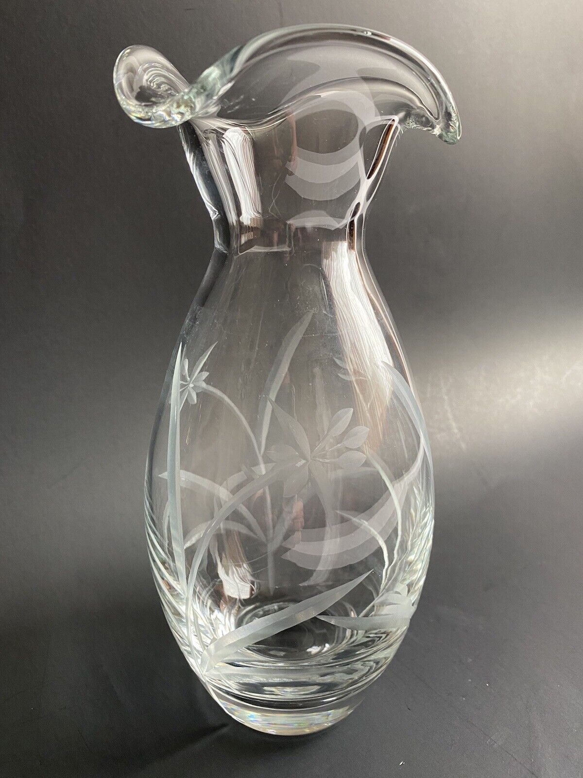 LENOX Clear Cut Crystal Floral Etched Raffled Top Vase 