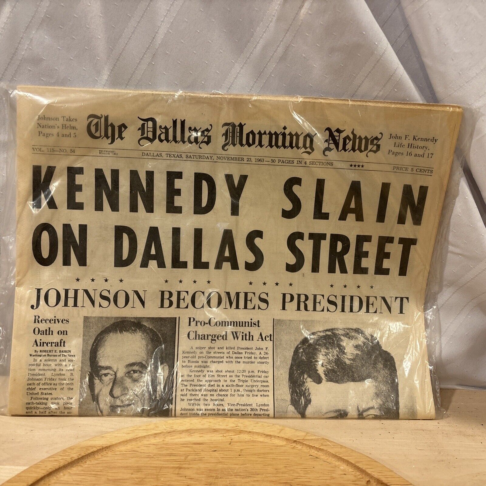 The Dallas Morning News Newspaper, Nov 23, 1963  Kennedy Slain on Dallas Street