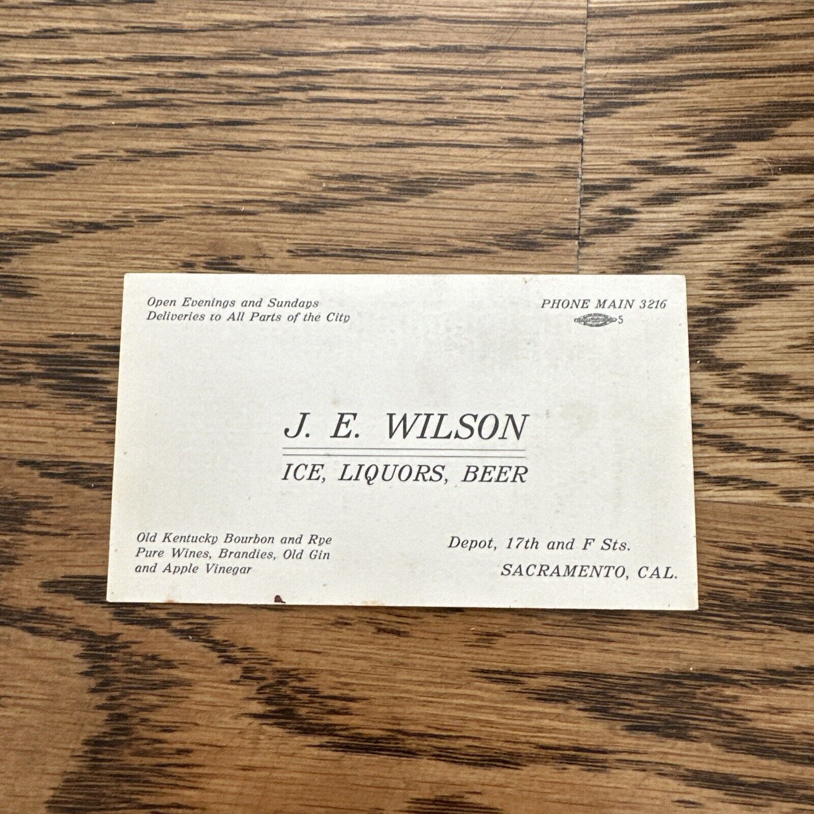 Vintage Business Card 1910s: J.E. Wilson Ice Liquors Beer Sales, Sacramento CA