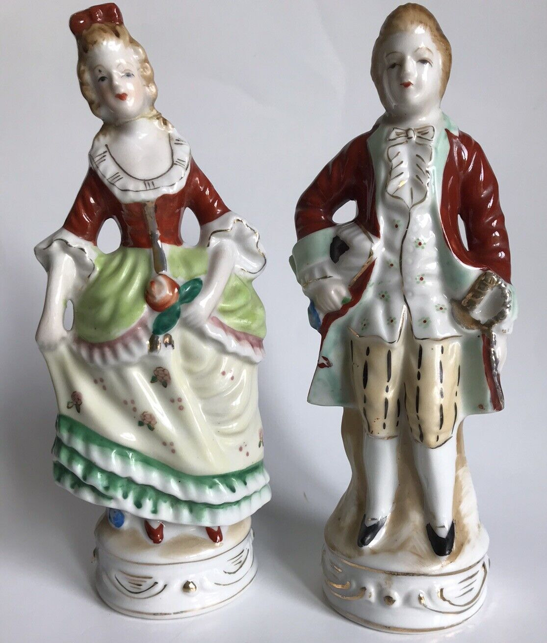 Victorian Colonial Couple 8” Matching Pair Porcelain Figurines Japan